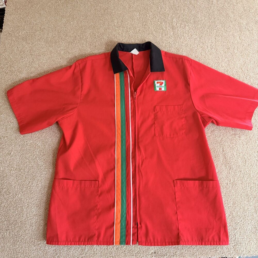 Vintage 70s 80s 7-11 7 Eleven Employee Uniform Full Zip Striped Shirt Angelica L